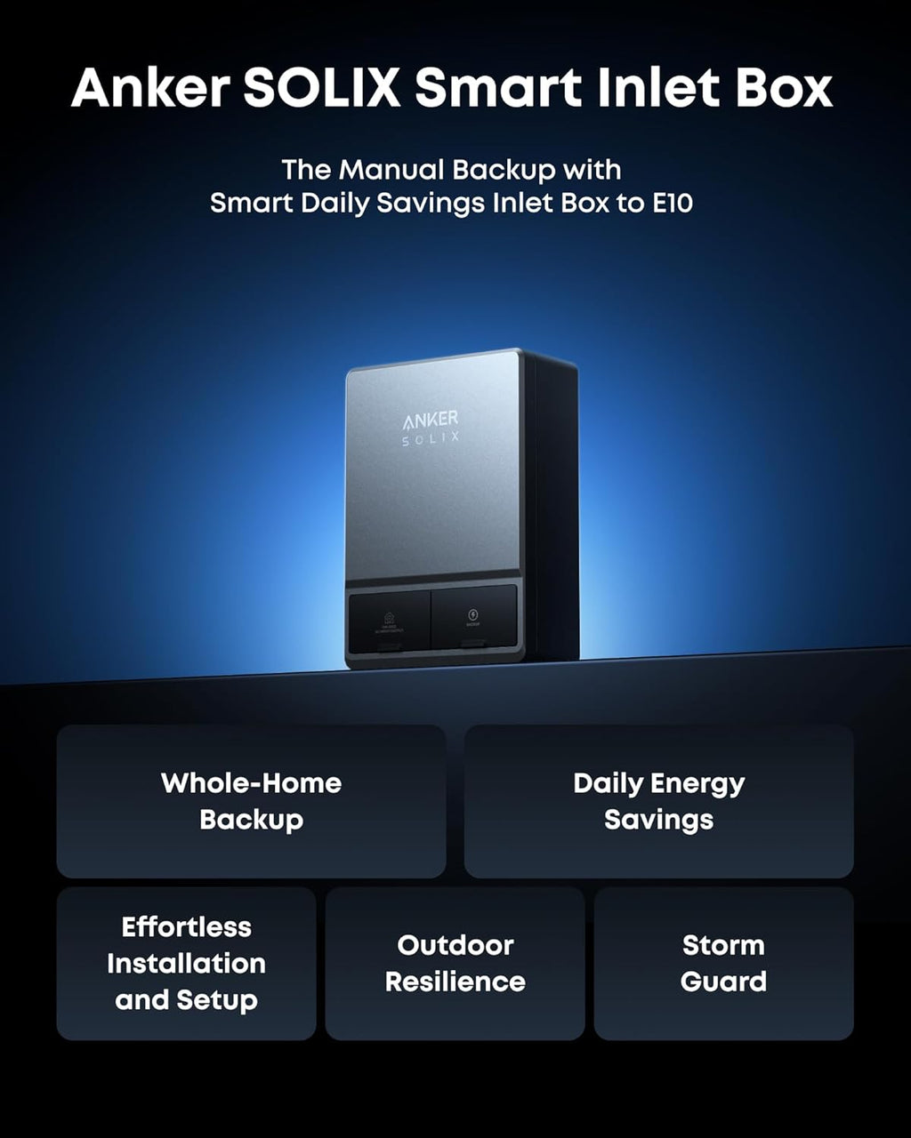 Anker SOLIX Smart Inlet Box, Manual Whole-Home Backup with Smart Daily Savings for E10, Reduce Up to 80% Bills, NEMA 3R Weatherproof, Plug & Play, Storm Guard Mode