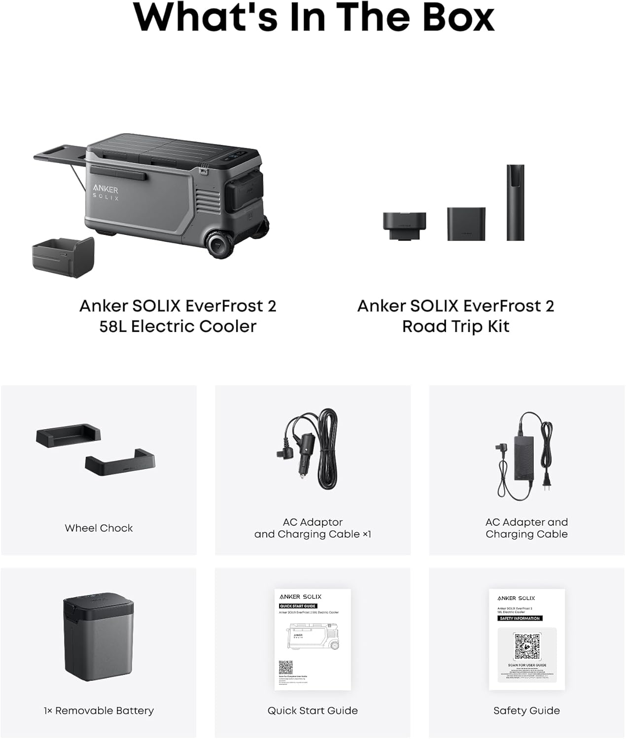 Anker SOLIX EverFrost 2 58L Cooler with Road Trip Kit, 61 qt Car Refrigerator, Electric Cooler with 288Wh Battery, Powered by AC/DC or Solar, for Camping, Travel, Fishing (Only 1 Battery Included)