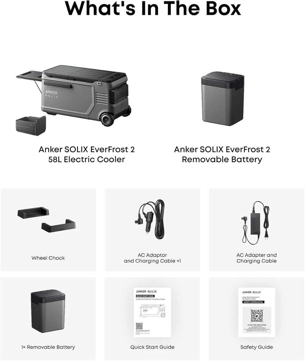 Anker SOLIX EverFrost 2 58L Cooler with Extra Battery, 61 qt Car Refrigerator, Electric Cooler with 288Wh Battery, Powered by AC/DC or Solar,for Outdoor Camping, Travel, and Fishing, Fits in Trucks
