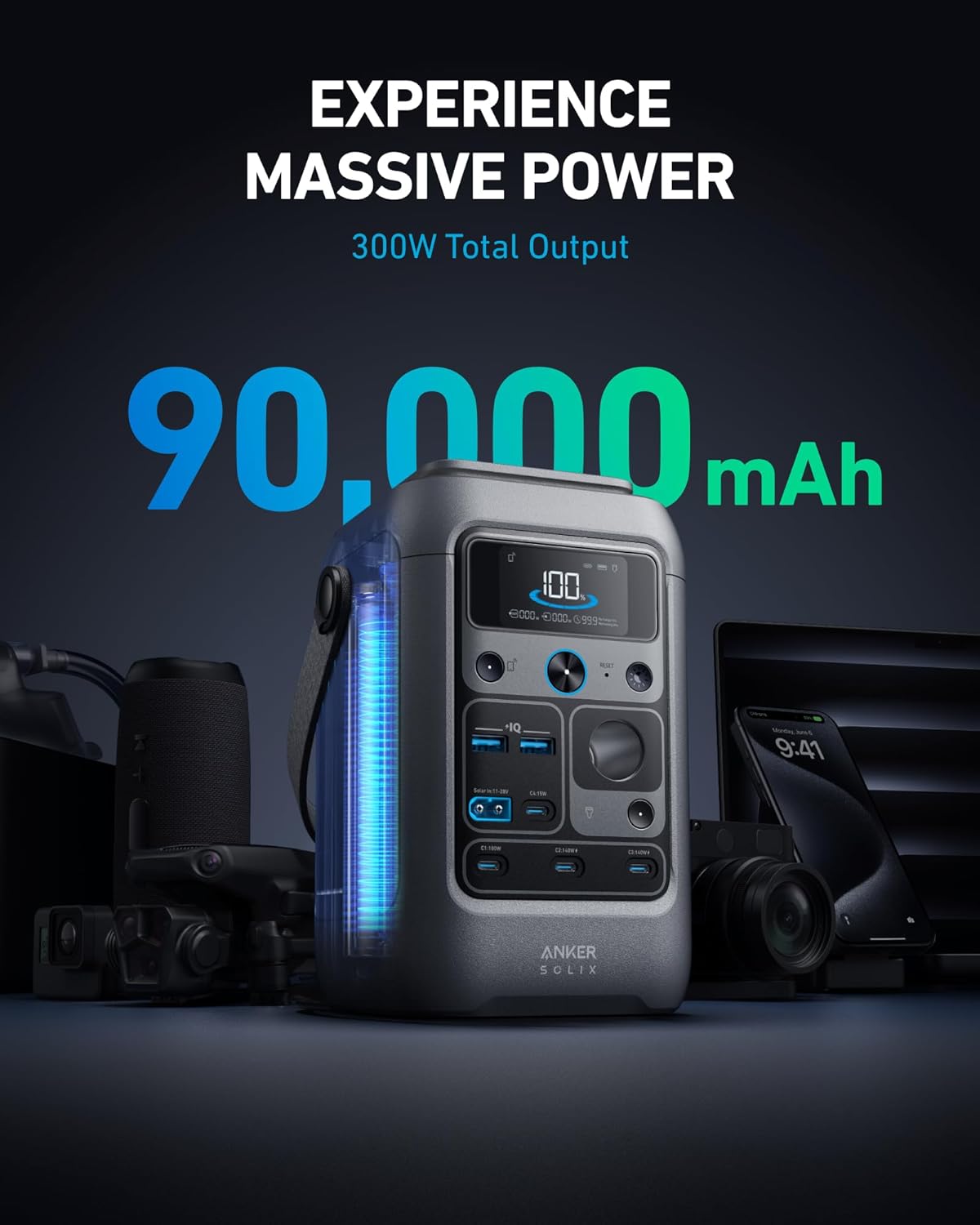 Anker SOLIX C300 DC Power Bank Station and 60W Solar Panel, 288Wh Portable Power Station, LiFePO4 Battery, 300W Solar Generator, for Outdoor, Camping, Traveling, and Emergencies