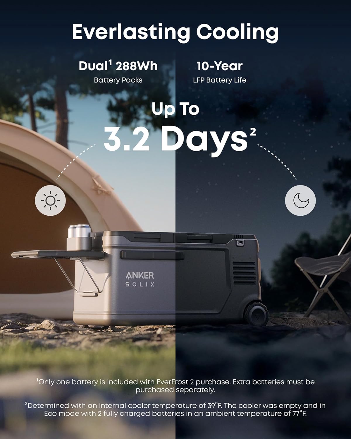 Anker SOLIX EverFrost 2 58L Cooler, 61 qt Car Refrigerator, Electric Cooler with 288Wh Battery, Powered by AC/DC or Solar,for Outdoor Camping, Travel, and Fishing, Fits in Trucks