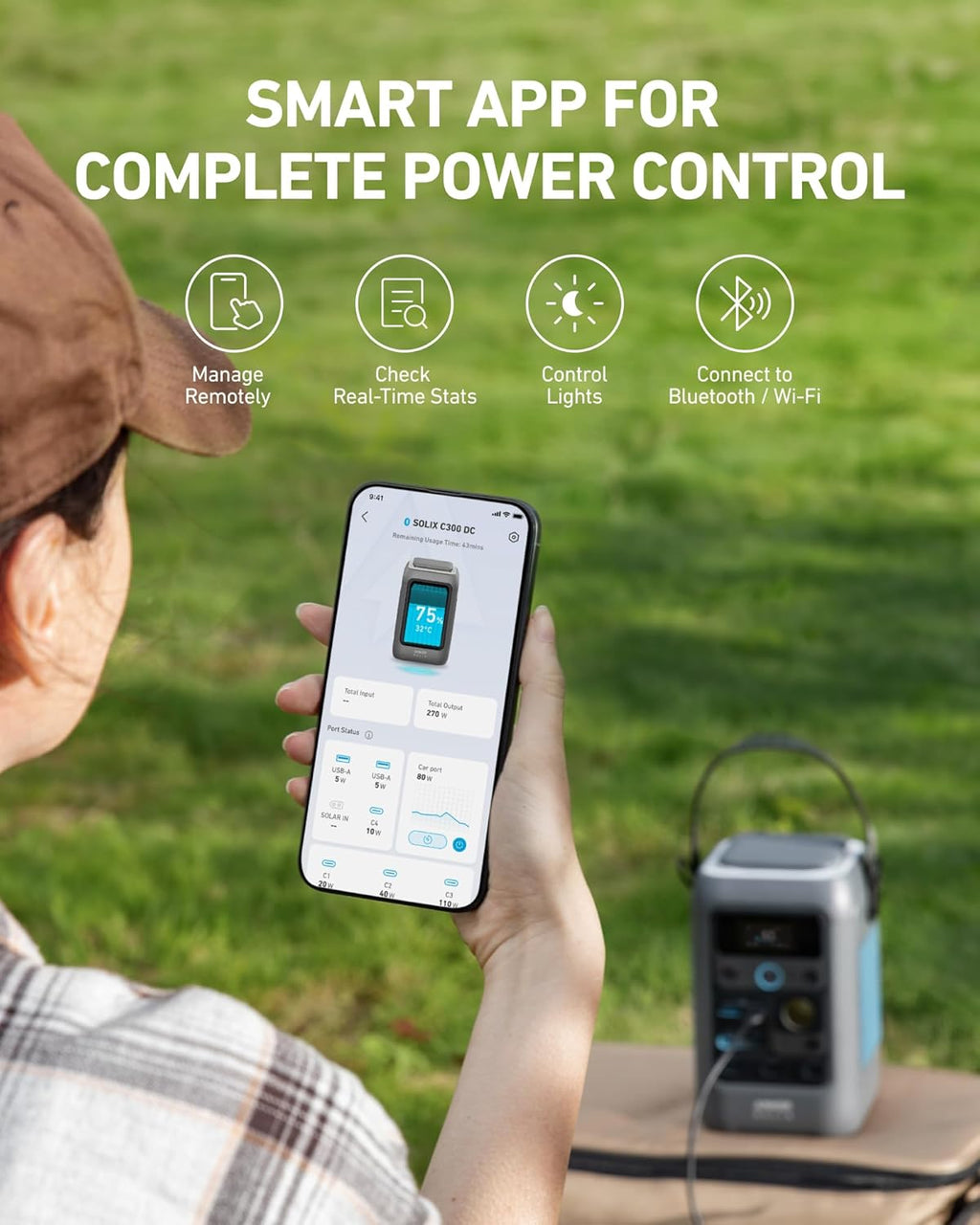 Anker SOLIX C300 DC Power Bank Station, Outdoor 288Wh Portable Power Station, LiFePO4 Battery, 300W Solar Generator, for Camping, Traveling, and Emergencies (No Wall Charger Included)