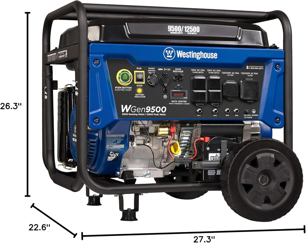 Westinghouse Outdoor Power Equipment 12500 Peak Watt Home Backup Portable Generator, Remote Electric Start with Auto Choke, Transfer Switch Ready 30A & 50A Outlets, Gas Powered