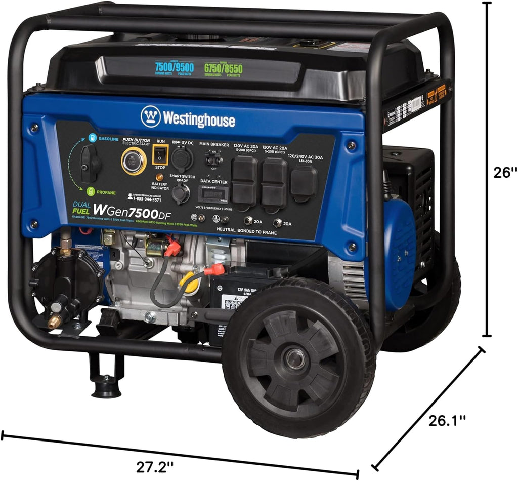 Westinghouse 9500 Peak Watt Dual Fuel Home Backup Portable Generator, Remote Electric Start, Transfer Switch Ready, Gas & Propane Powered
